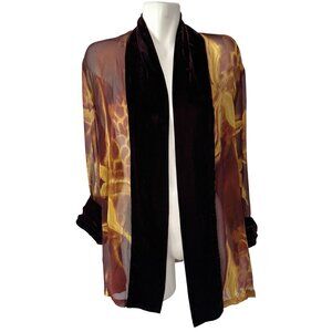 Vtg 90s Jenny Helene Womens XL Cardigan Velvet Silk Blend Brown Gold Duster